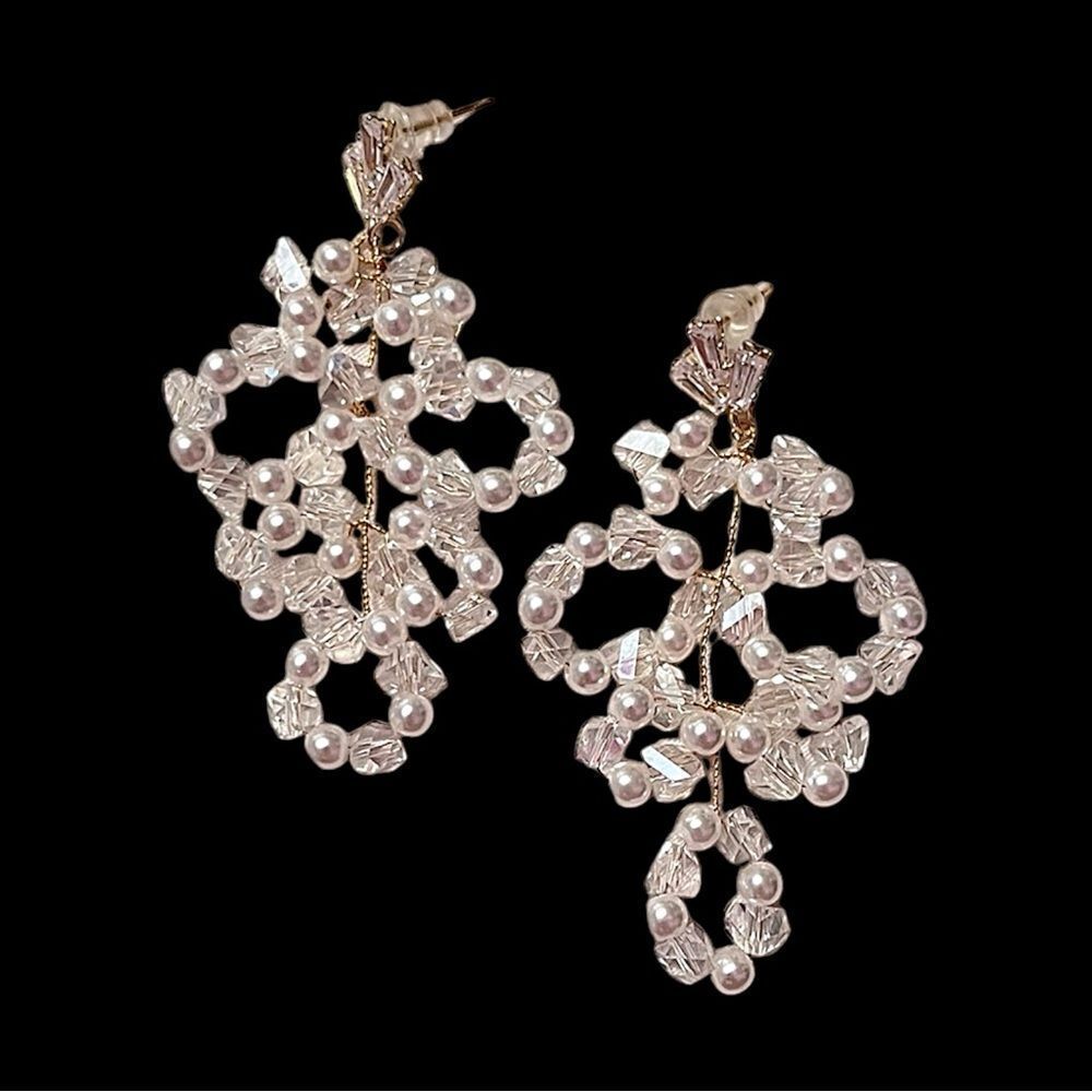 Pearl Crystal Rhinestone Wire Wrap Dangle Earrings With Sterling Silver Posts